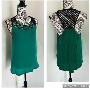 Express Women’s Emerald Green Rhinestone Embellished Mesh Raceback Top